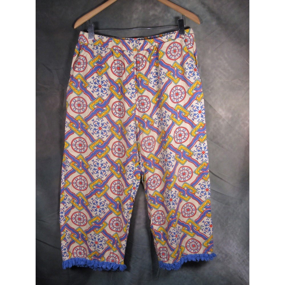 Masseys Womens Large Blue Red Yellow Geometric Print Fringe Hem Crop Pants L